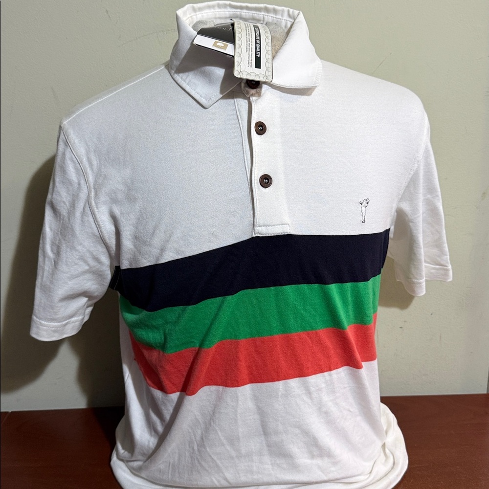 GOLFINO MEN'S STRIPED GOLF POLO 100% COTTON ML WHITE MULTI NWD BLEMISHES